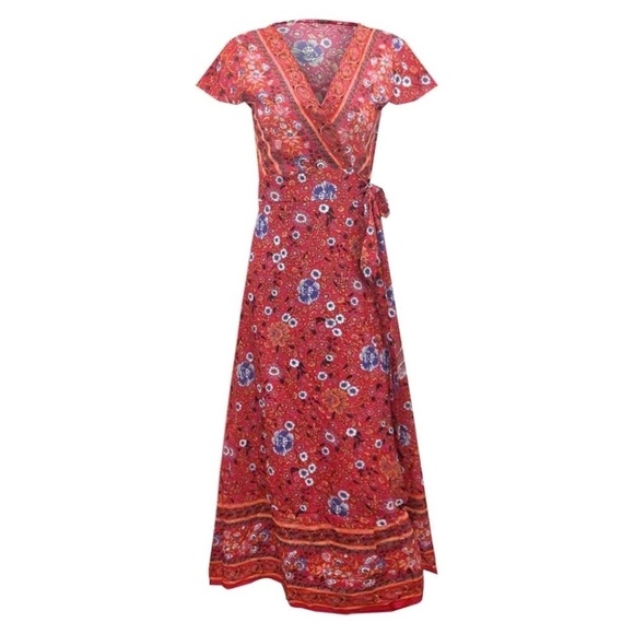 Vintage Boho Chic Open Wrap Maxi Dress Belted Vacation Cover Up Top, One Size - Picture 2 of 10